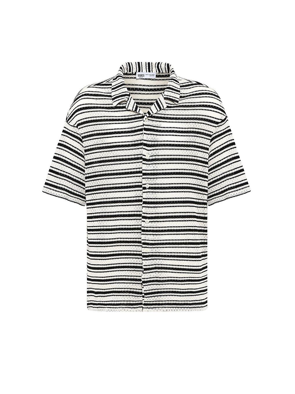 Oversize Çizgili Triko Gömlek Siyah-1