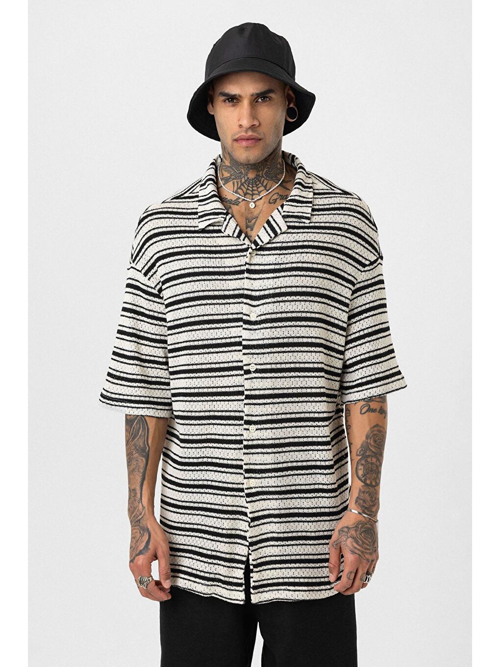 Oversize Çizgili Triko Gömlek Siyah-2