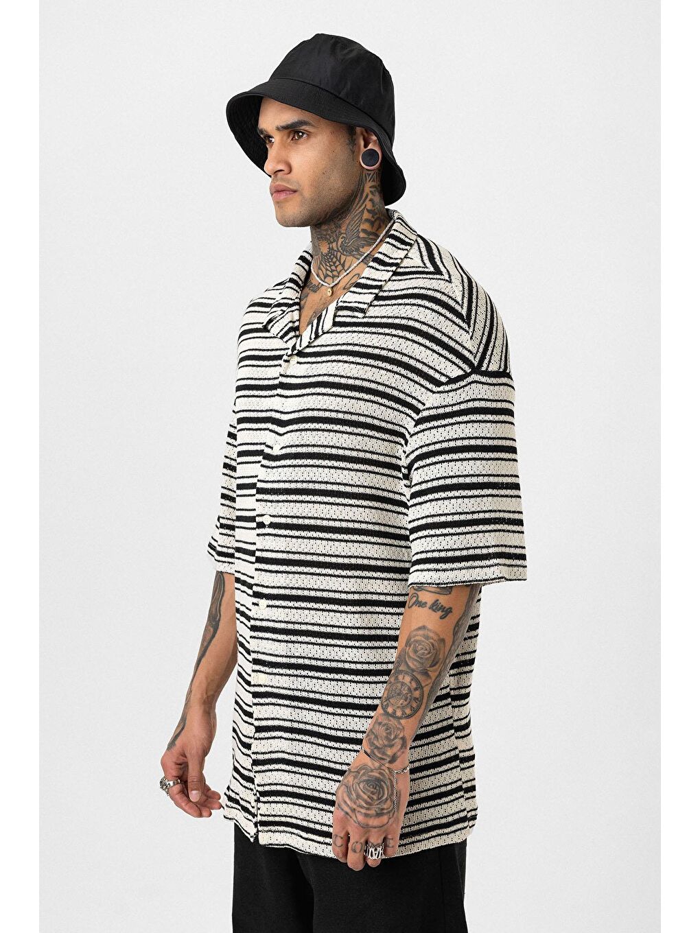 Oversize Çizgili Triko Gömlek Siyah-3