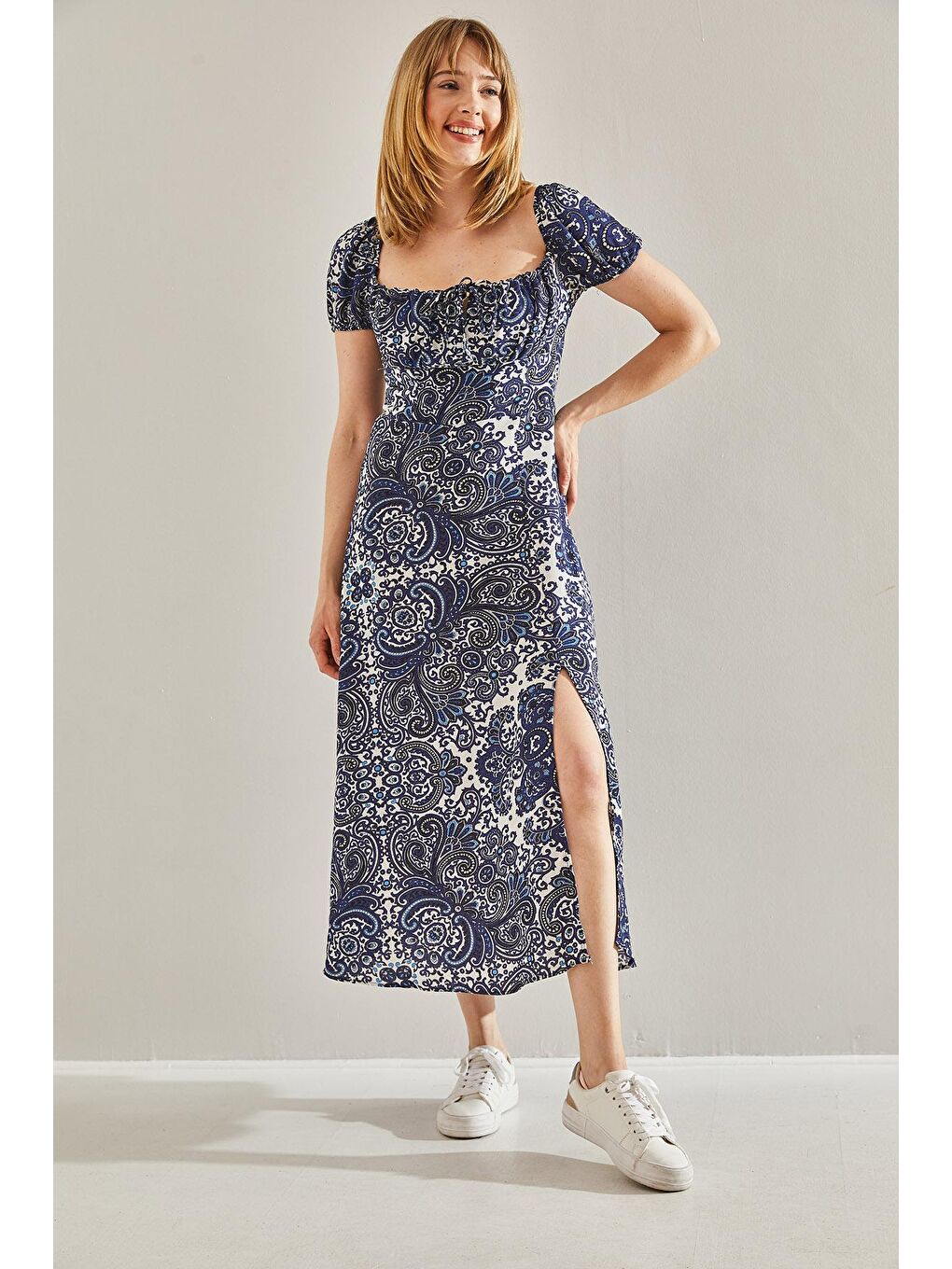 Mavi Kadın Bağlama Yakalı Yırtmaç Detaylı Gizli Fermuarlı Elbise-6