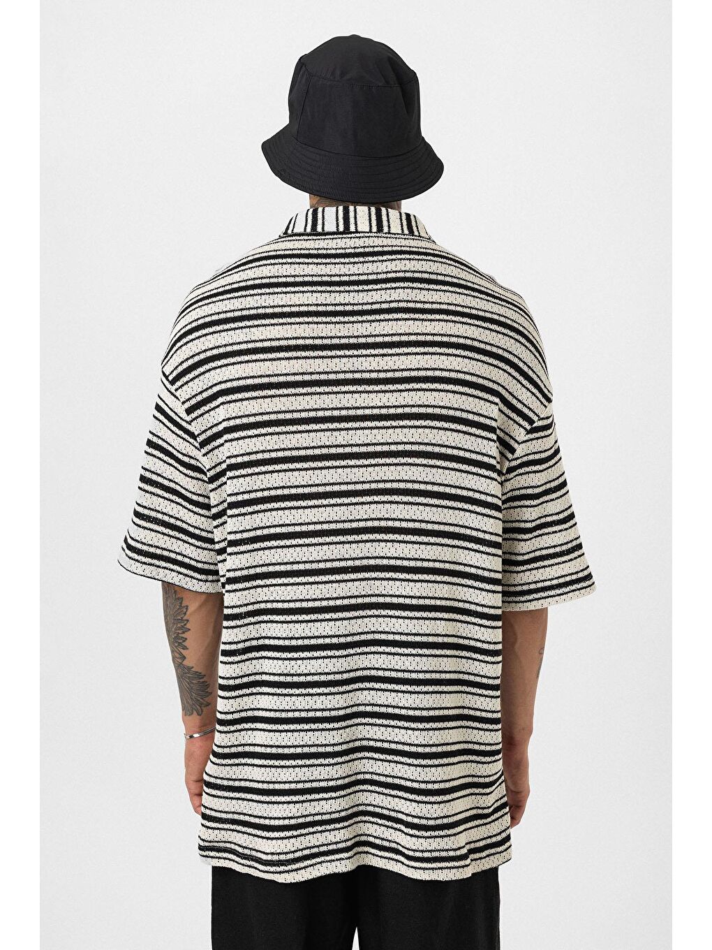 Oversize Çizgili Triko Gömlek Siyah-4