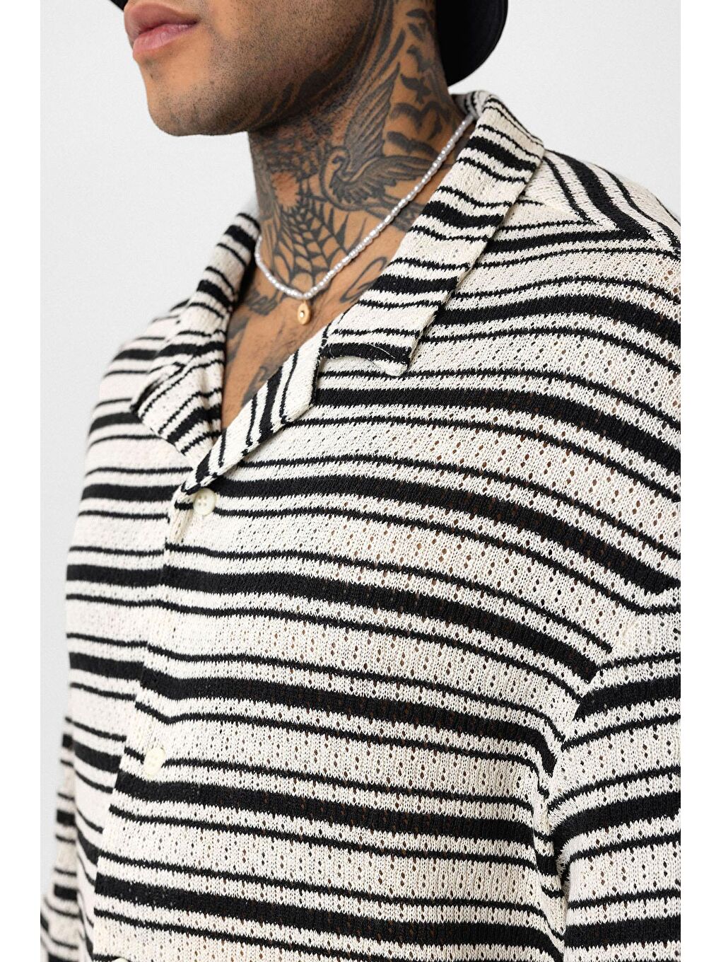 Oversize Çizgili Triko Gömlek Siyah-5