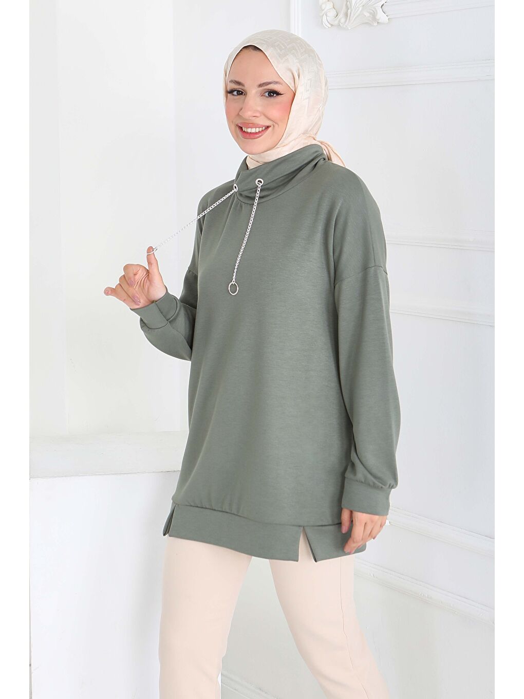 Zincir Detaylı Modal Tunik Haki - 27916-HAKI-1