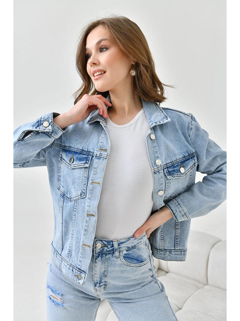 Kadın Açık Mavi Basic Jean Ceket