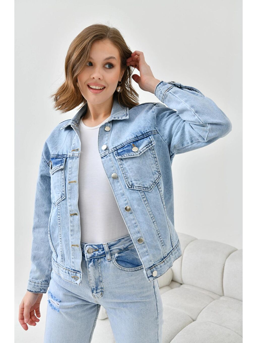 Kadın Açık Mavi Basic Jean Ceket-1