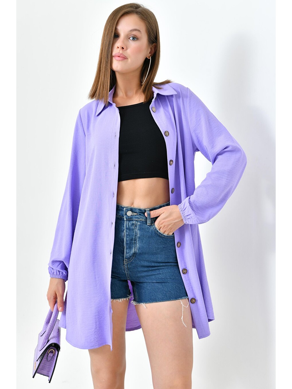 Açık Lila Kadın Gömlek Yaka Ahşap Düğmeli Kolağzı Lastikli Aerobin Dokuma Tunik - Regular Fit-2