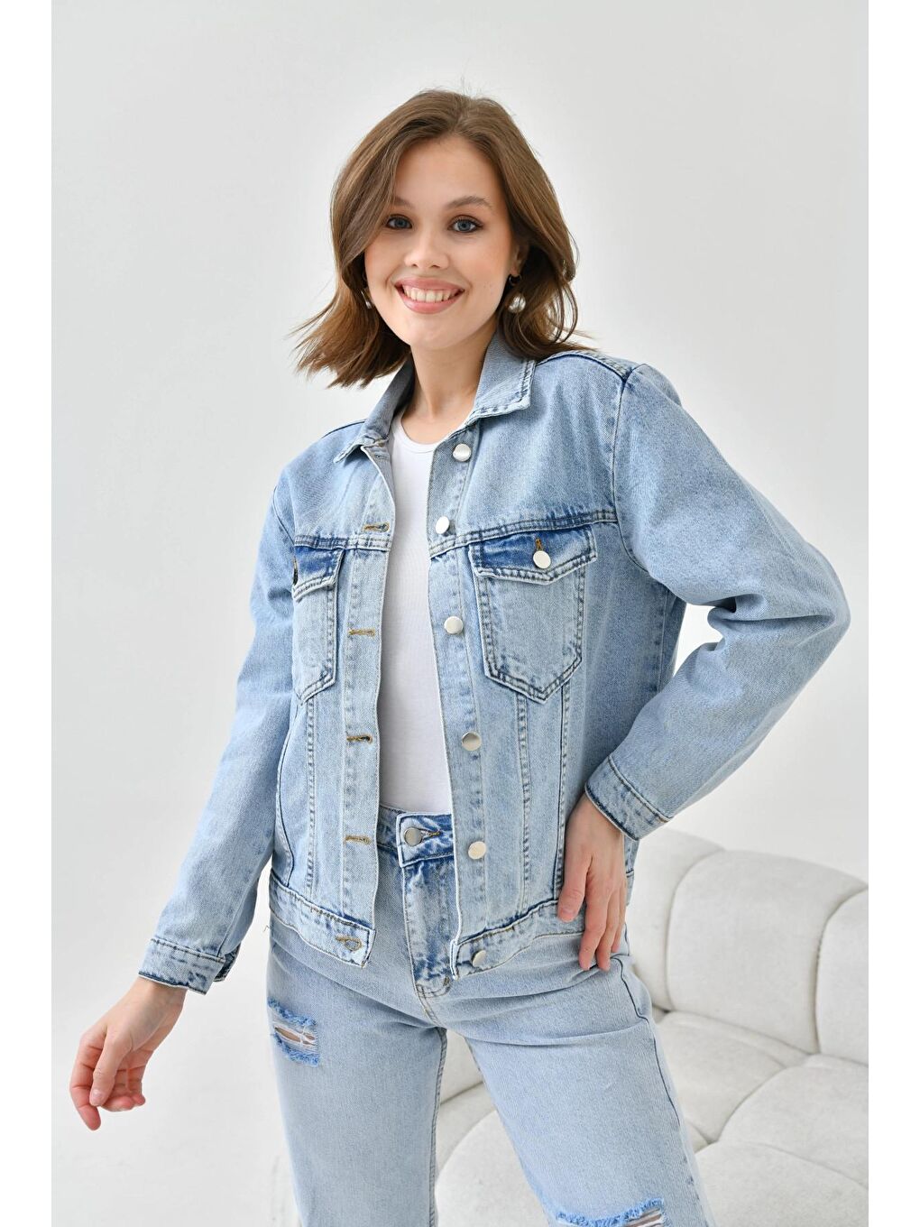 Kadın Açık Mavi Basic Jean Ceket-2