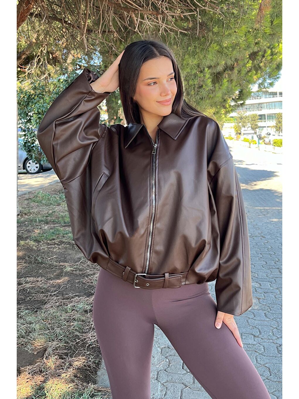 Kahverengi Kemer Detaylı Deri Ceket Kahve - 27807-KAHVE