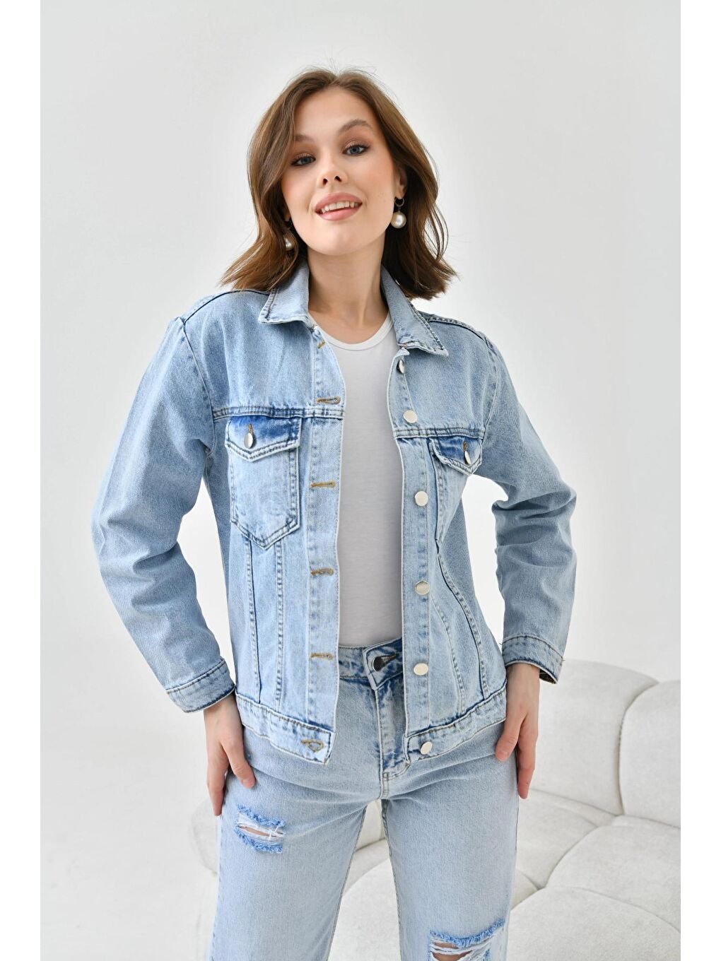 Kadın Açık Mavi Basic Jean Ceket-3