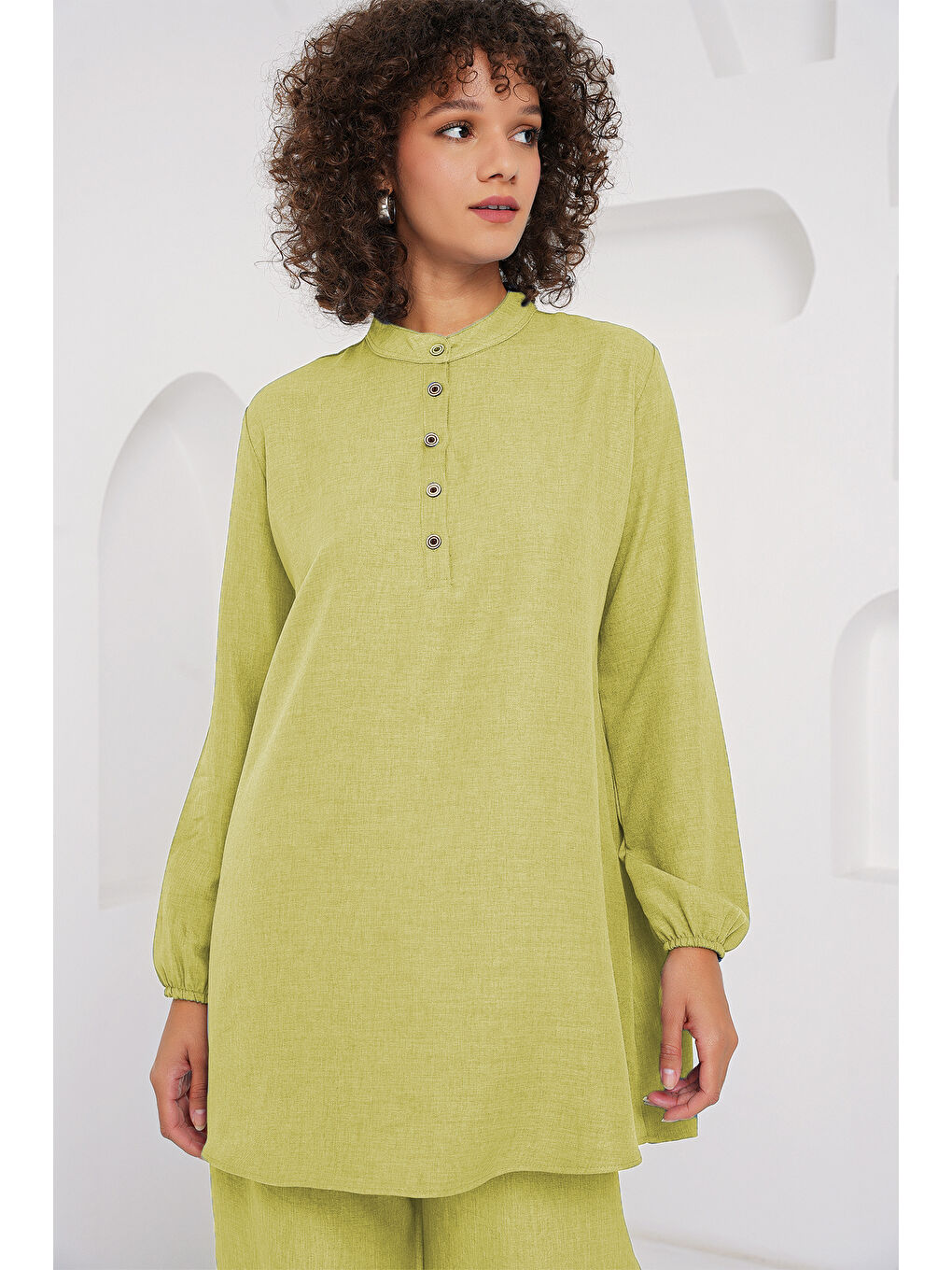 Bej 6678 Keten Tunik Pantolon İkili Takım - G.Yeşil-1