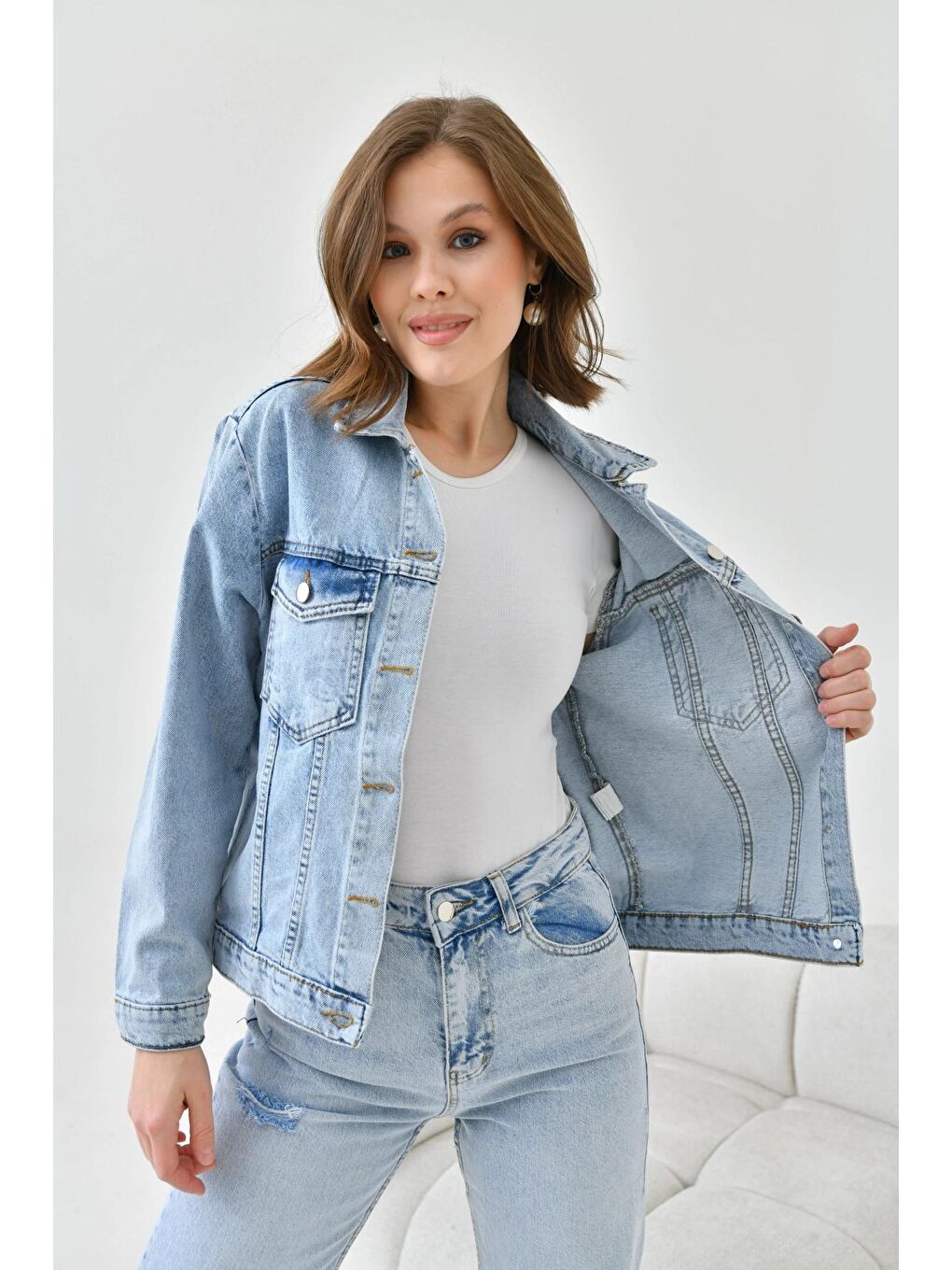 Kadın Açık Mavi Basic Jean Ceket-4