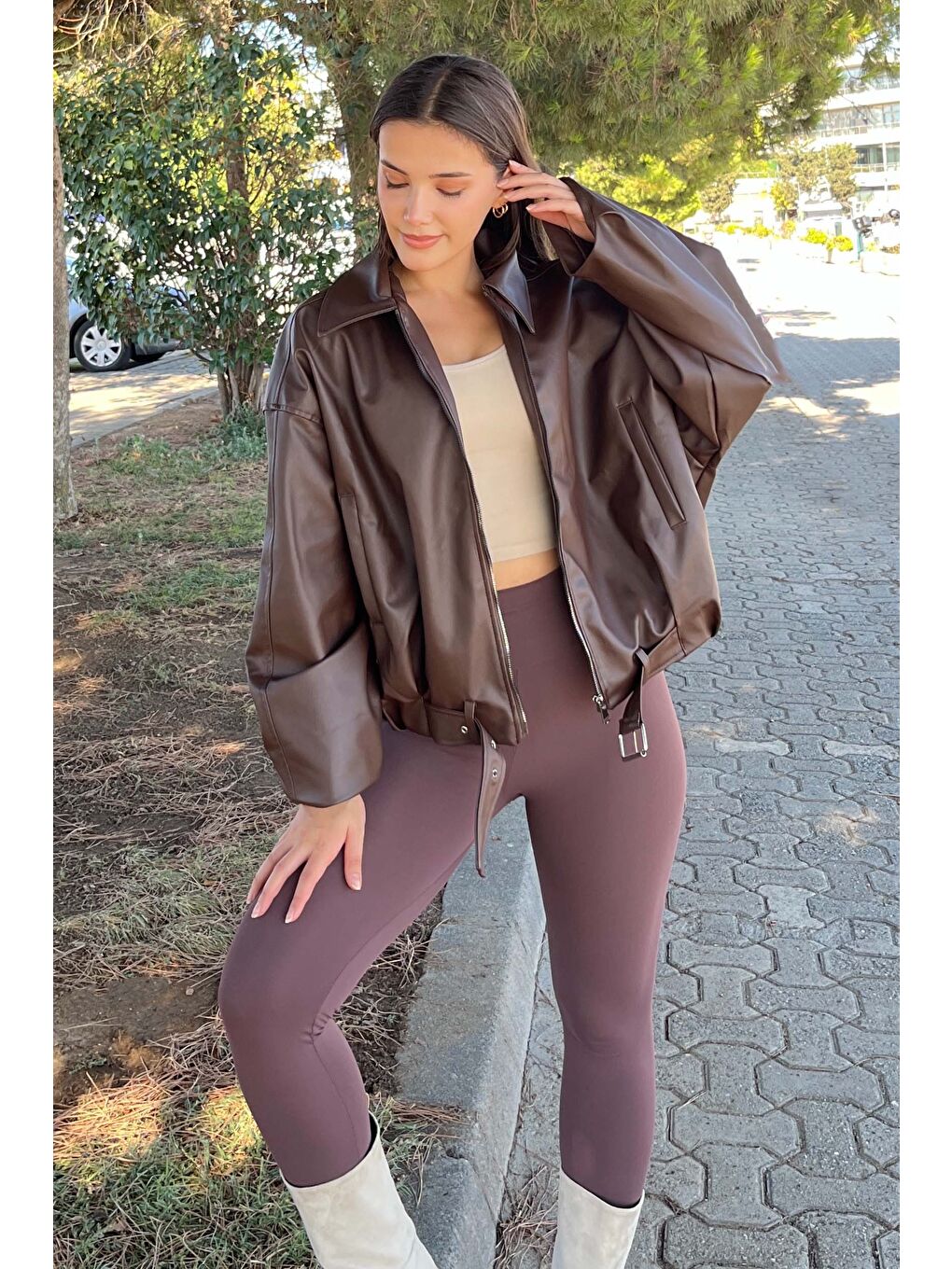 Kahverengi Kemer Detaylı Deri Ceket Kahve - 27807-KAHVE-1