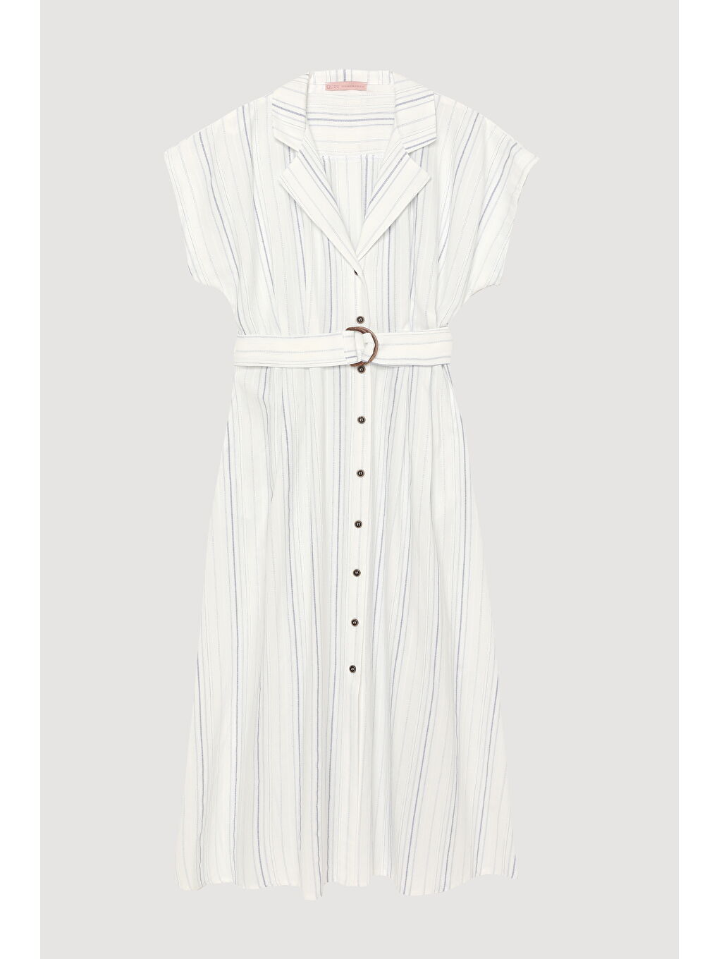İnce Çizgili Beli Kemerli Gömlek Elbise Ekru