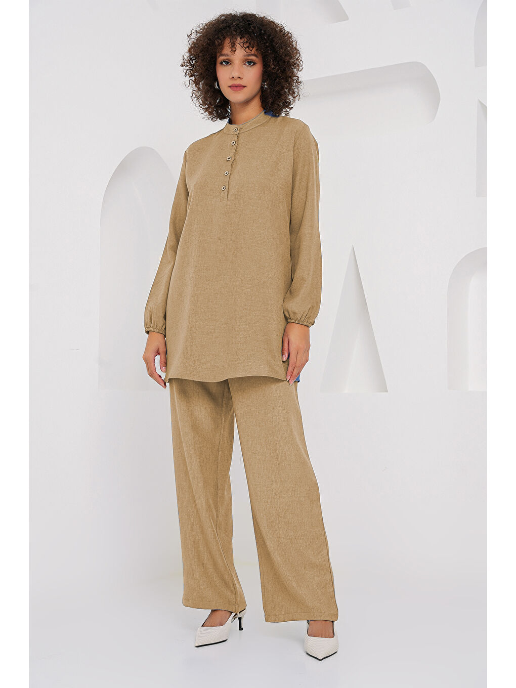 Bej 6678 Keten Tunik Pantolon İkili Takım - Bisküvi