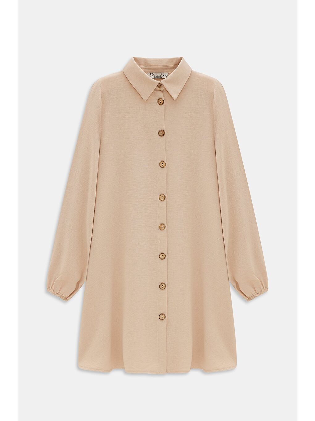 Bej Kadın Gömlek Yaka Ahşap Düğmeli Kolağzı Lastikli Aerobin Dokuma Tunik - Regular Fit