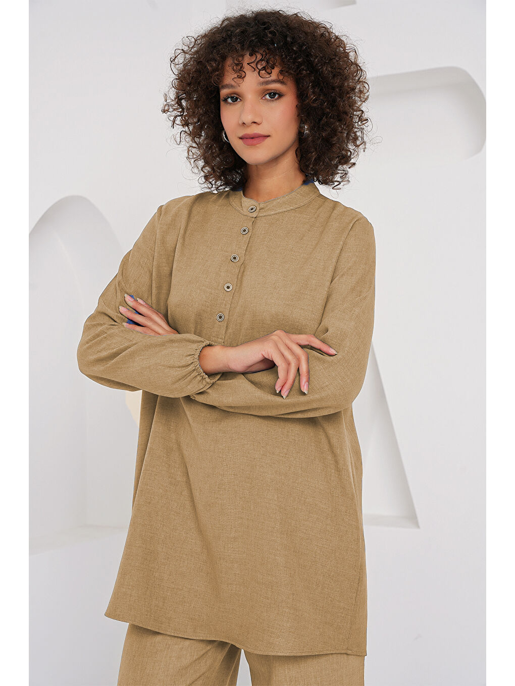 Bej 6678 Keten Tunik Pantolon İkili Takım - Bisküvi-1