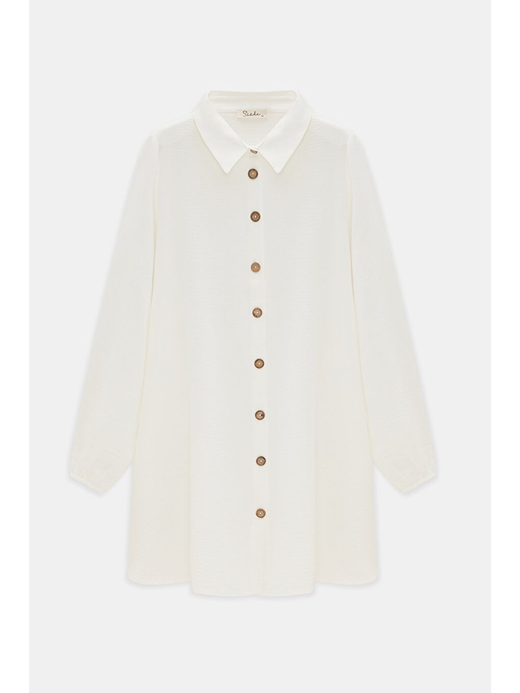 Beyaz Kadın Gömlek Yaka Ahşap Düğmeli Kolağzı Lastikli Aerobin Dokuma Tunik - Regular Fit