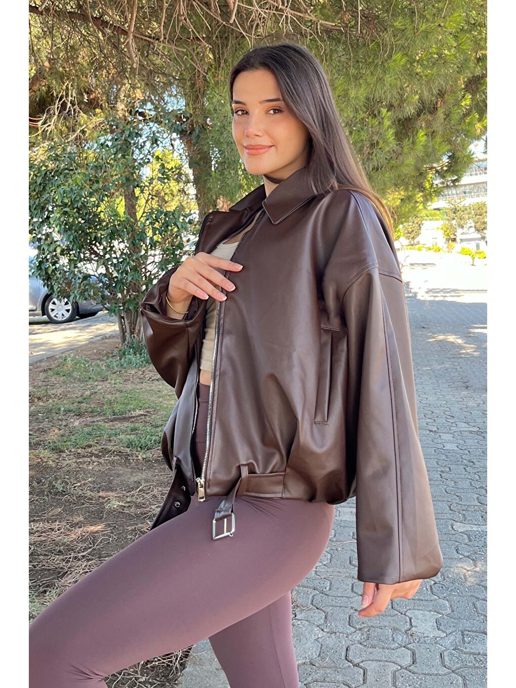 Kahverengi Kemer Detaylı Deri Ceket Kahve - 27807-KAHVE-4