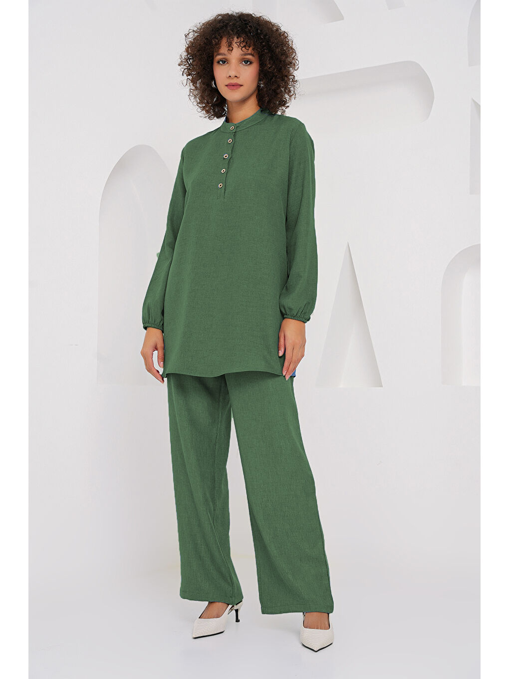 6678 Keten Tunik Pantolon İkili Takım - Zümrüt Yeşili