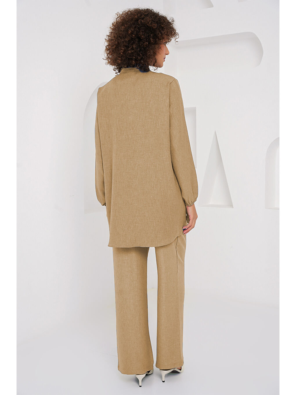 Bej 6678 Keten Tunik Pantolon İkili Takım - Bisküvi-3