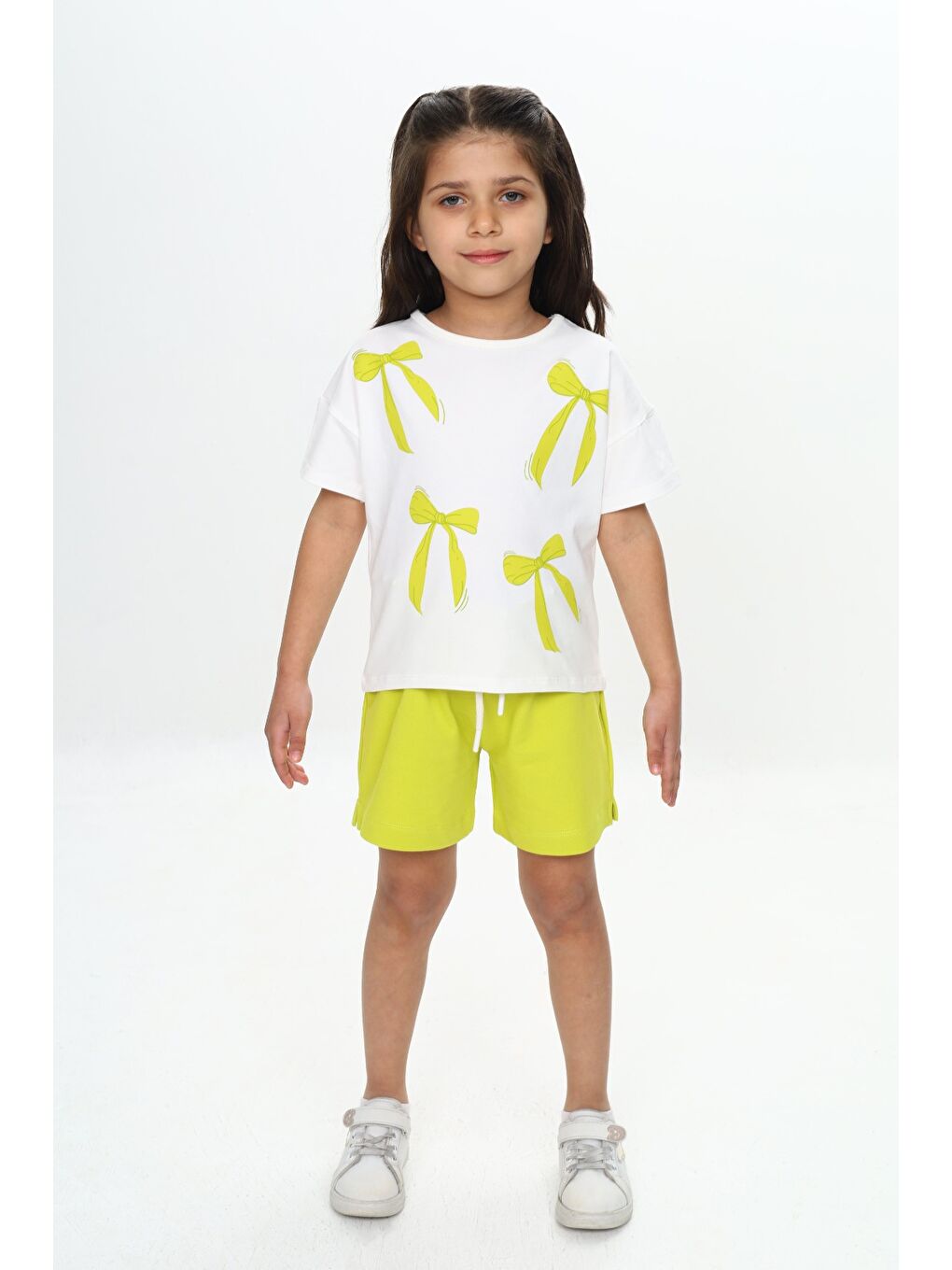 Yeşil Kız Çocuk Fiyonk Baskılı Şortlu Takım-3