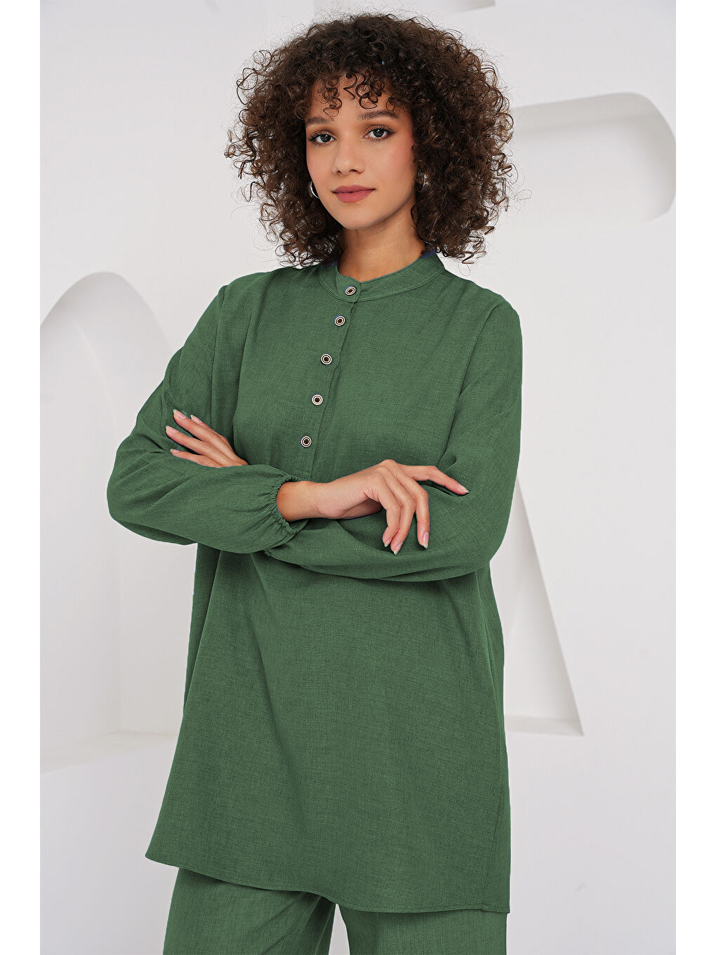6678 Keten Tunik Pantolon İkili Takım - Zümrüt Yeşili-1