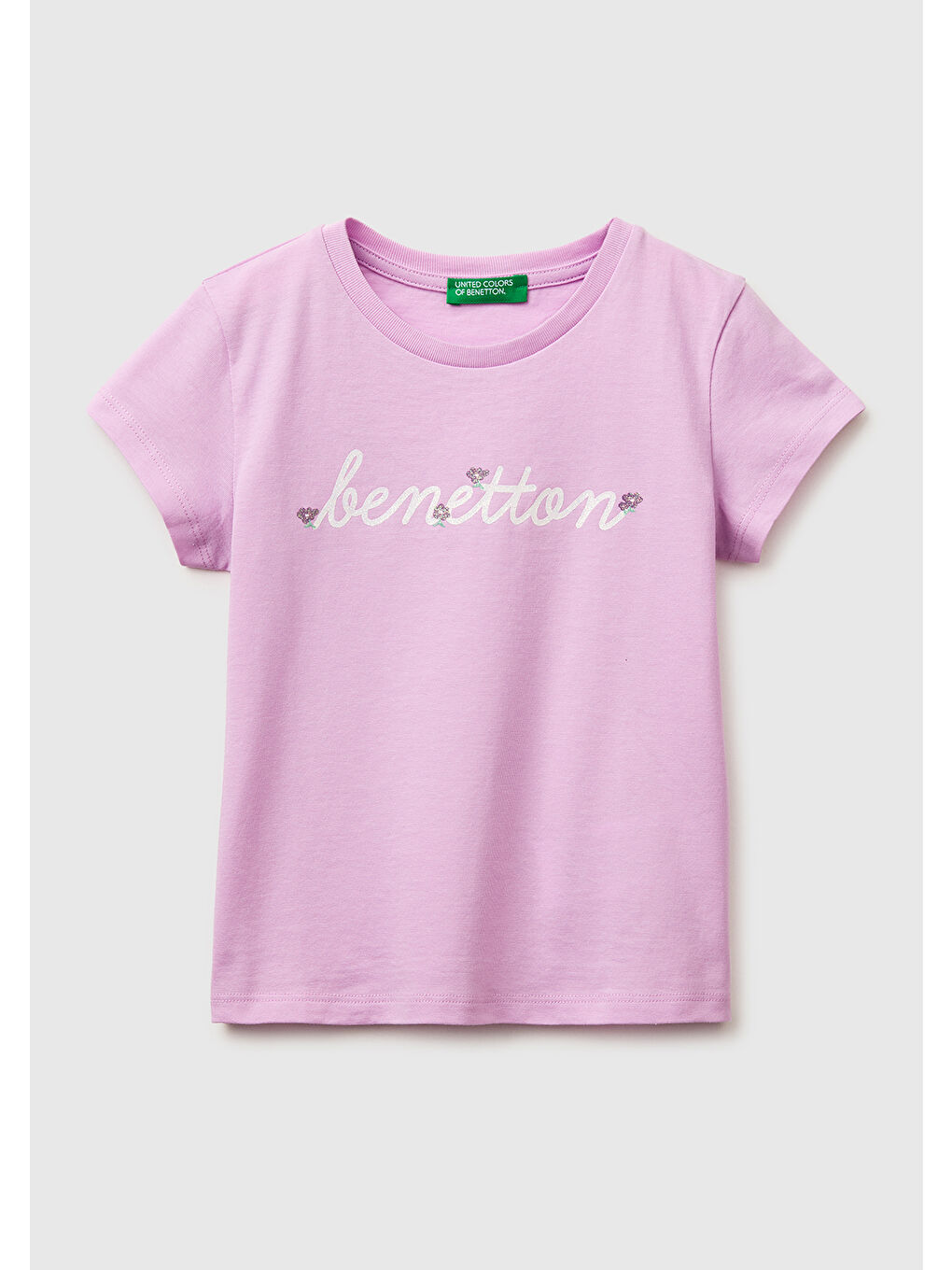 Kız Çocuk Pembe Simli Grafik Baskılı Kısa Kollu Ribanalı Yaka T-Shirt