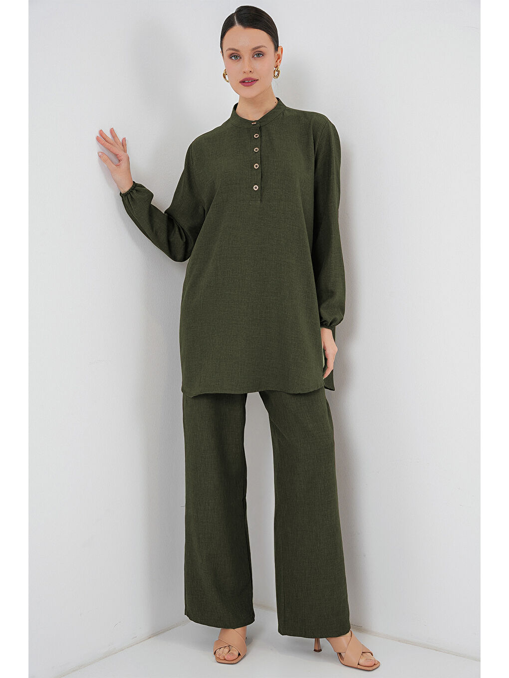6678 Keten Tunik Pantolon İkili Takım - Haki