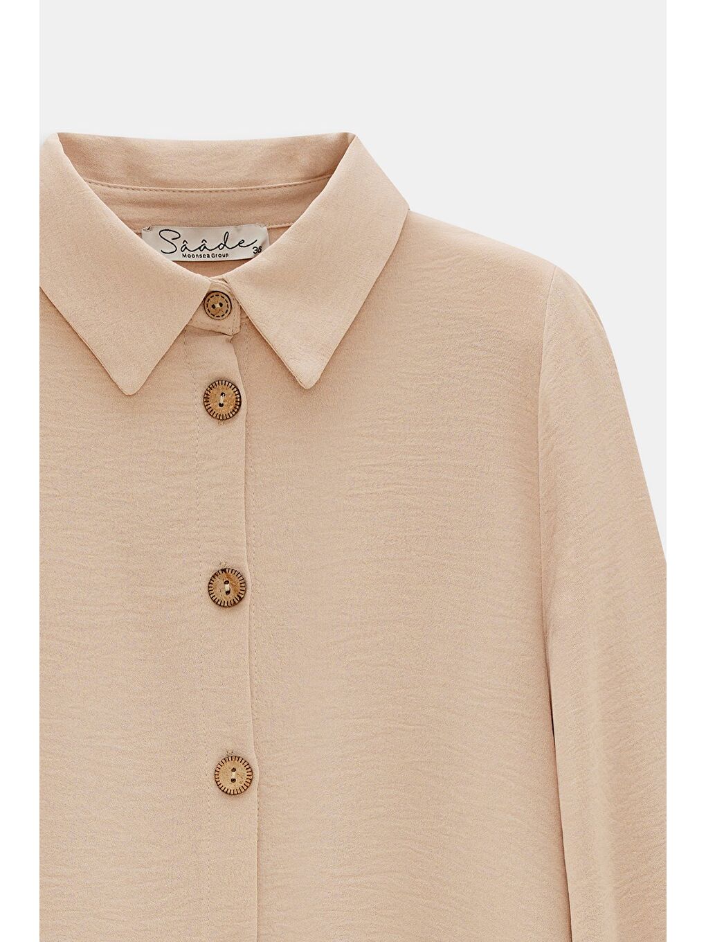 Bej Kadın Gömlek Yaka Ahşap Düğmeli Kolağzı Lastikli Aerobin Dokuma Tunik - Regular Fit-2