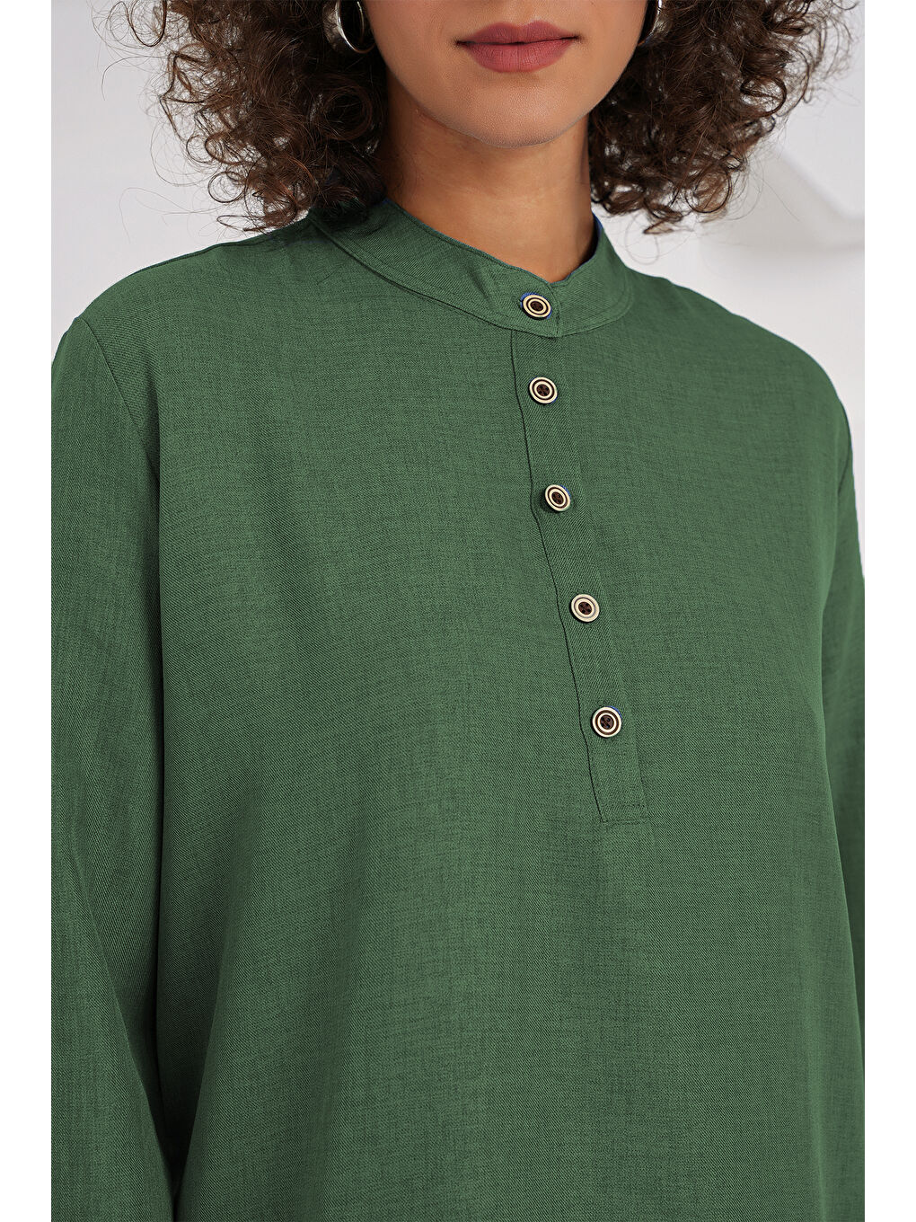 6678 Keten Tunik Pantolon İkili Takım - Zümrüt Yeşili-2