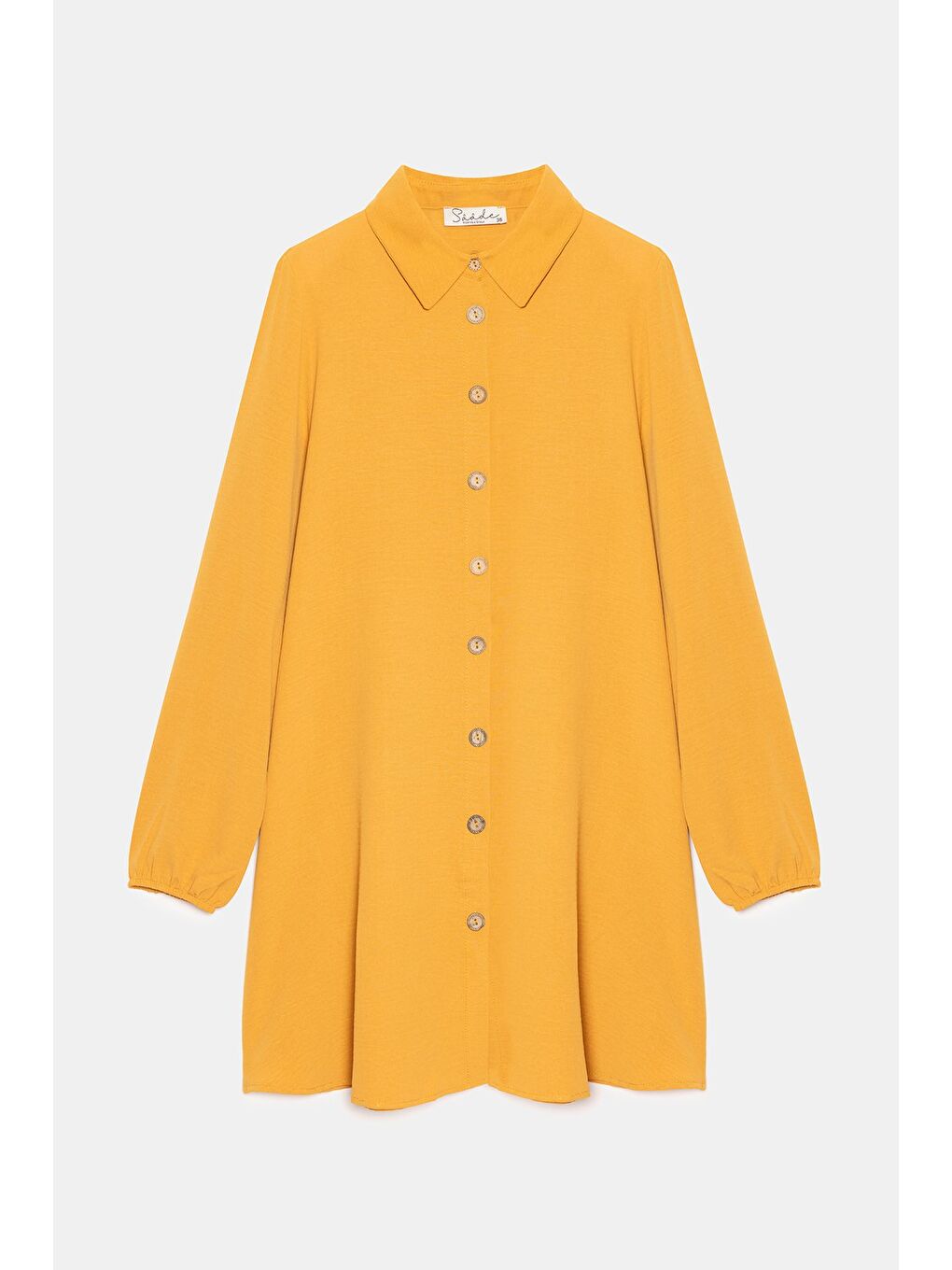 Sarı Hardal Kadın Gömlek Yaka Ahşap Düğmeli Kolağzı Lastikli Aerobin Dokuma Tunik - Regular Fit