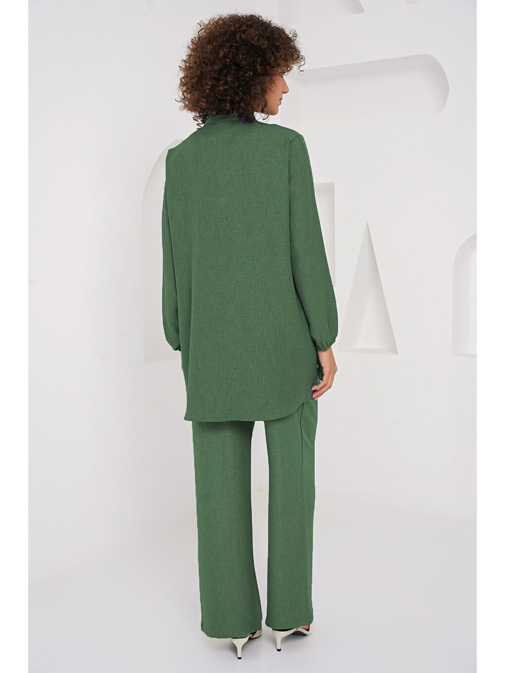 6678 Keten Tunik Pantolon İkili Takım - Zümrüt Yeşili-3