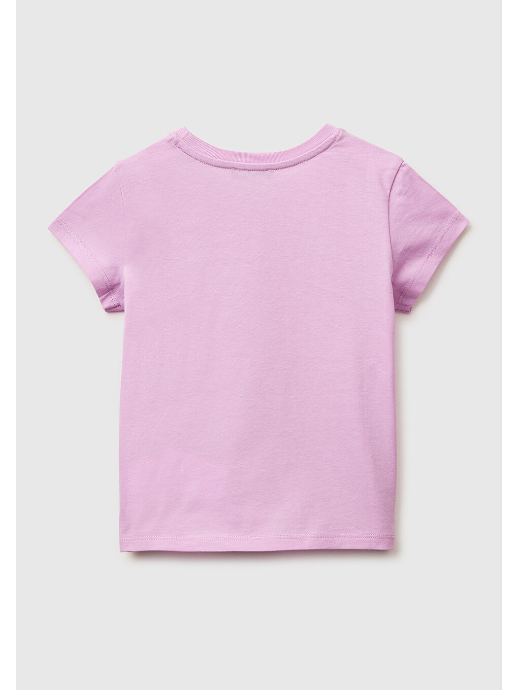 Kız Çocuk Pembe Simli Grafik Baskılı Kısa Kollu Ribanalı Yaka T-Shirt-1