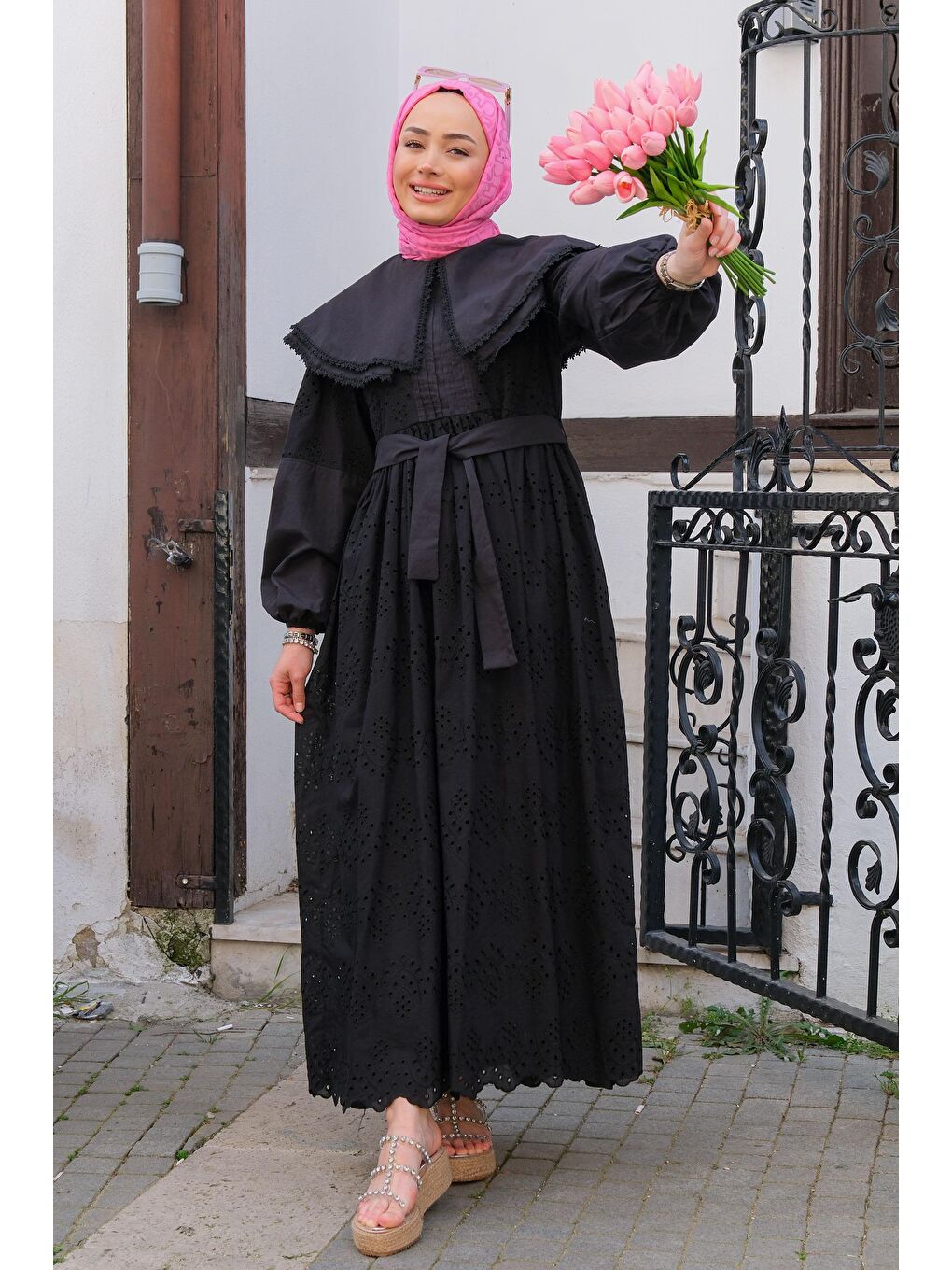 Bebe Yaka Dantel Detay Elbise  Siyah-2