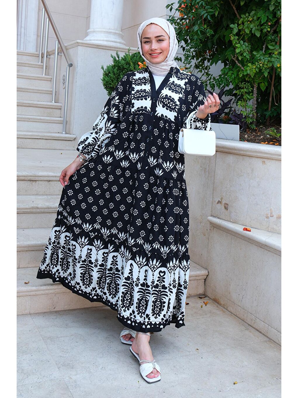Simetrik Desen Elbise Siyah
