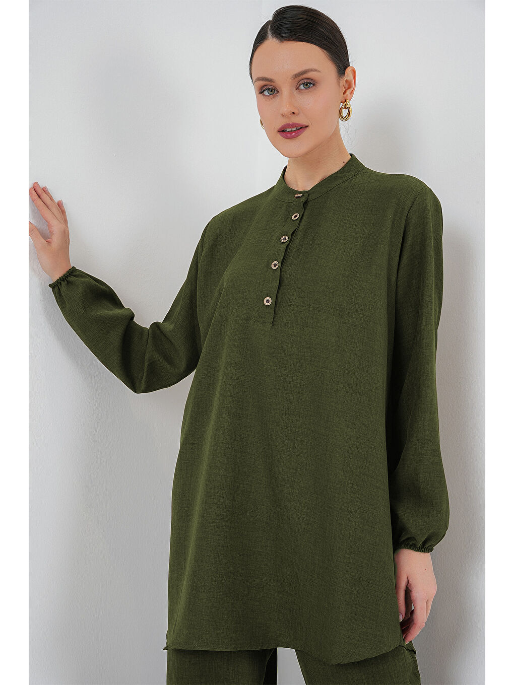 6678 Keten Tunik Pantolon İkili Takım - Haki-2