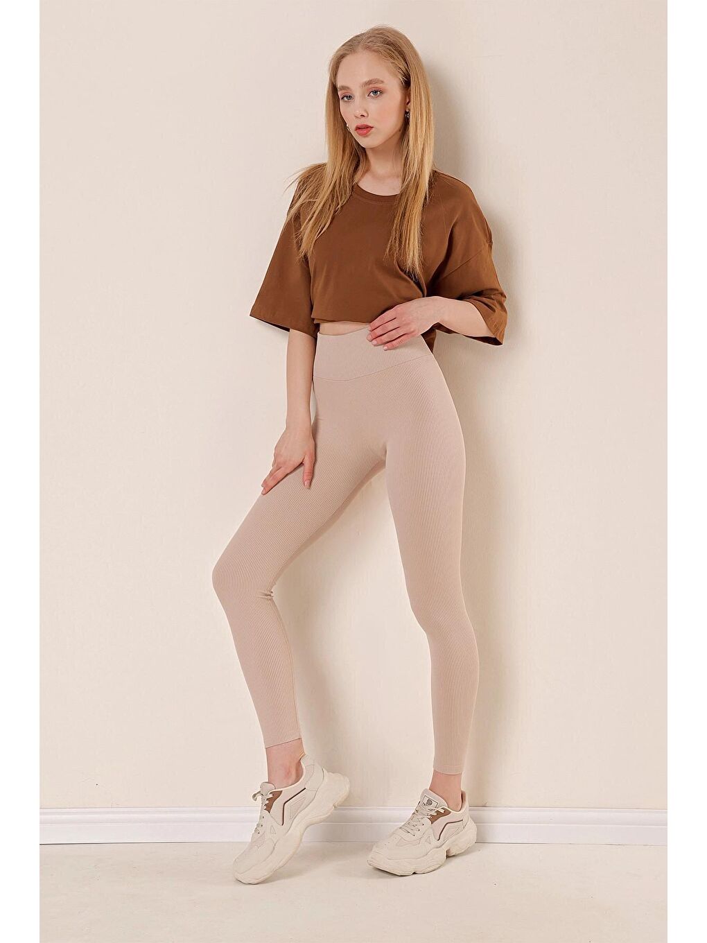 Bej Yüksek Bel Esnek Fitilli Tayt-1