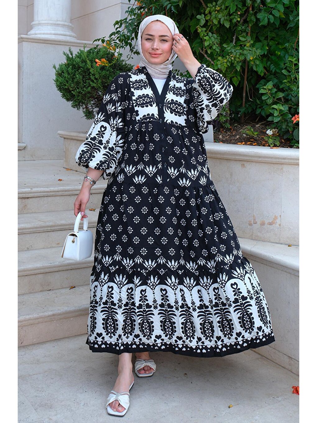 Simetrik Desen Elbise Siyah-1