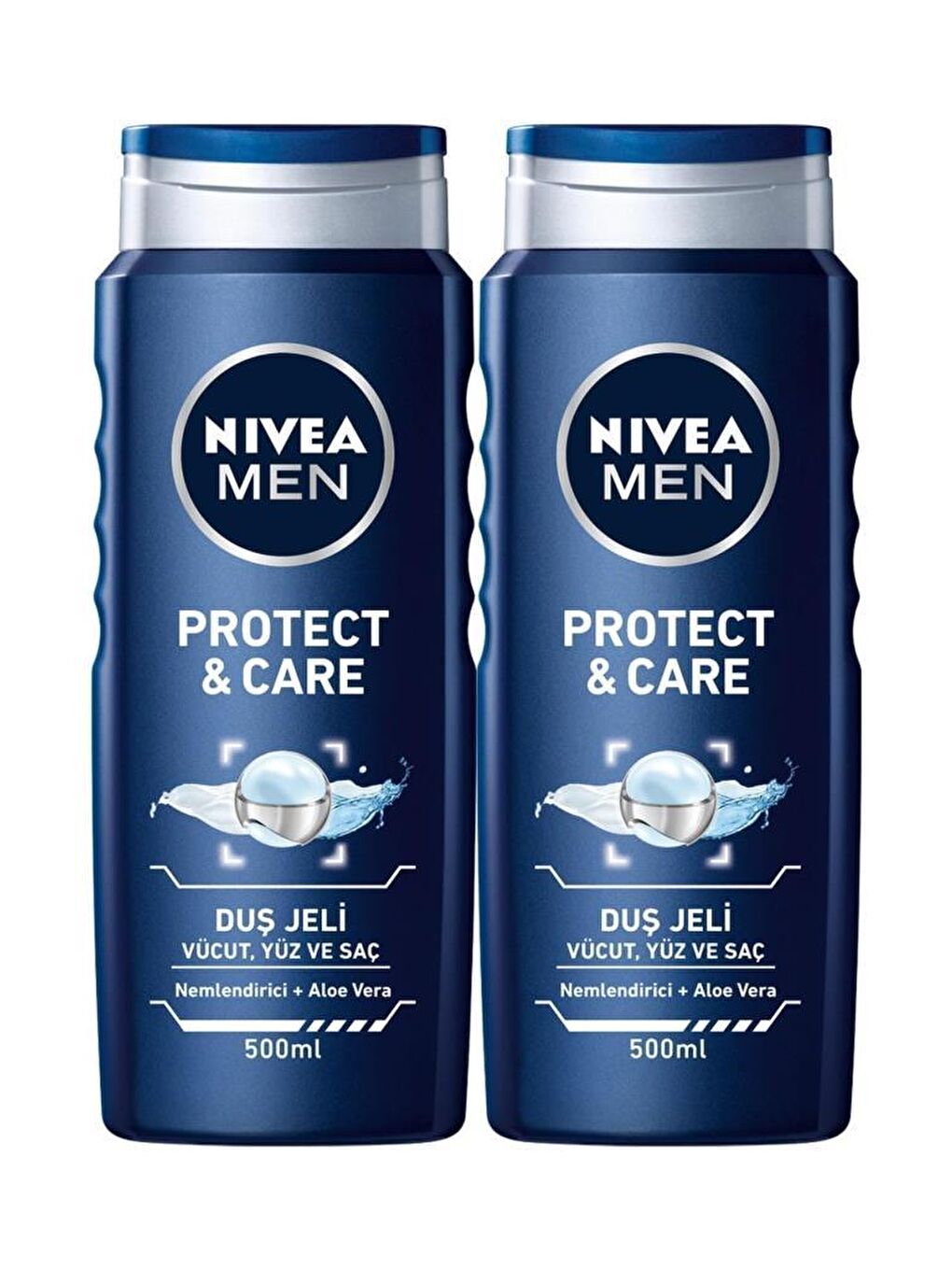 NIVEA Şeffaf Men Erkek Duş Jeli Protect&Care 500 ml x2 Adet, Yüz Ve Vücut Banyo Jeli, Saç Şampuanı