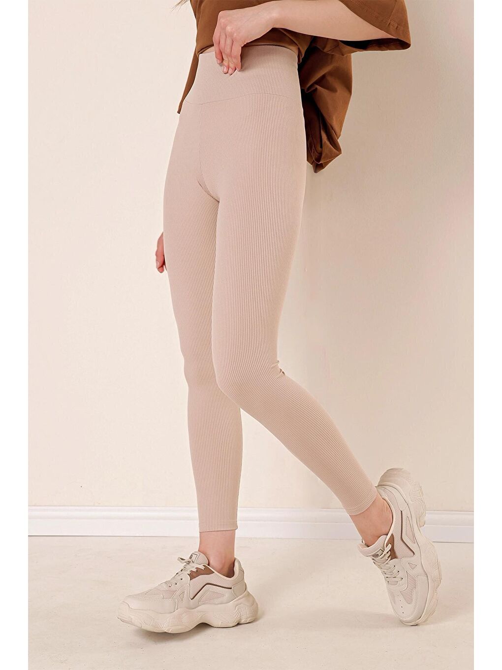 Bej Yüksek Bel Esnek Fitilli Tayt-2