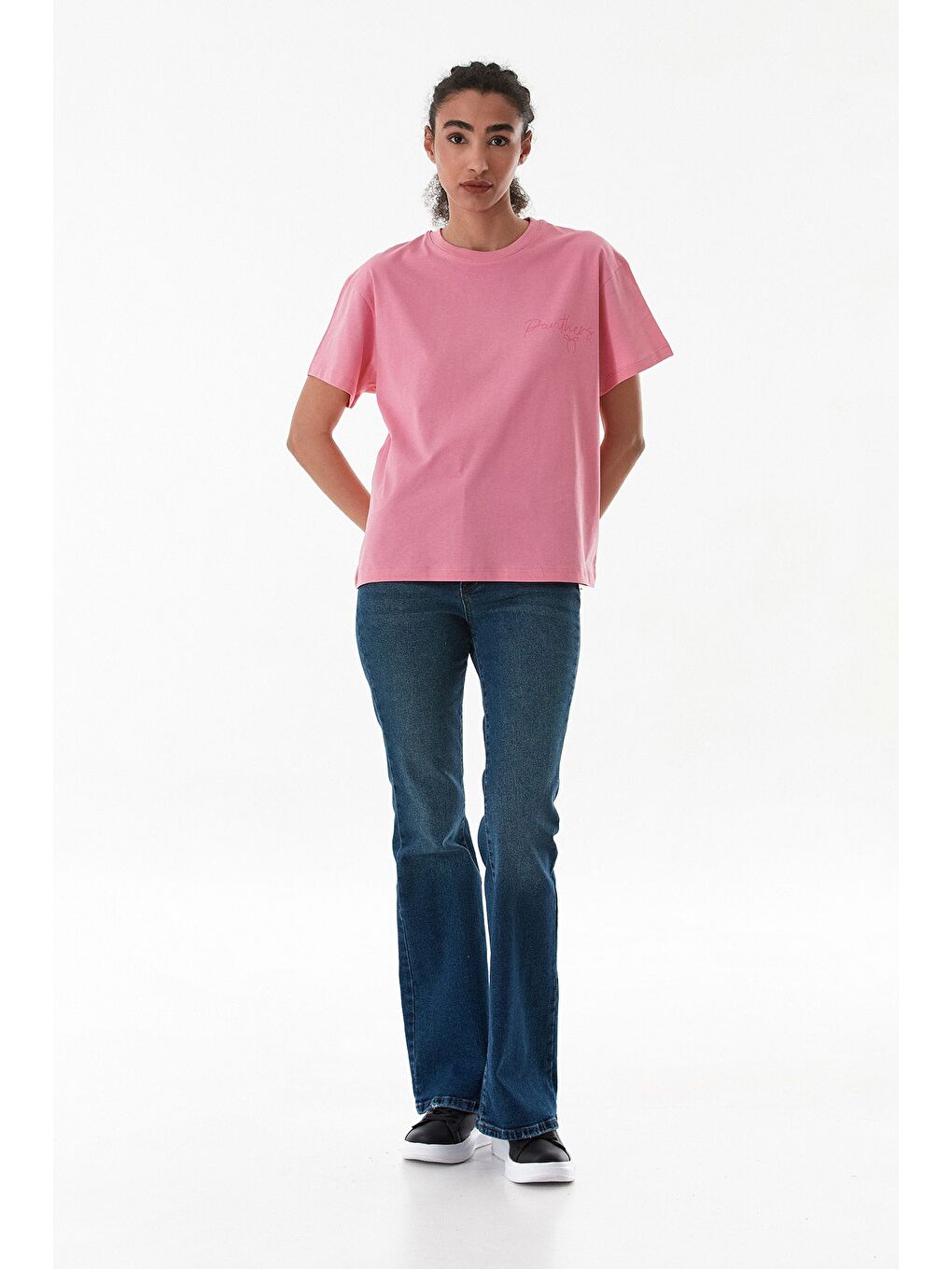 Pembe Önü Ve Arkası Baskılı Bisiklet Yaka Tişört-1