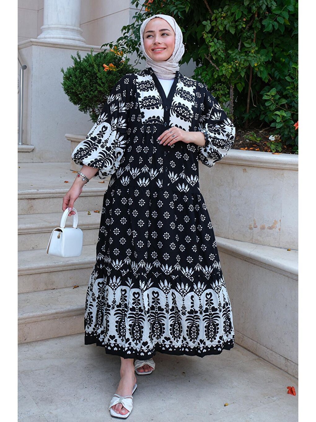 Simetrik Desen Elbise Siyah-2
