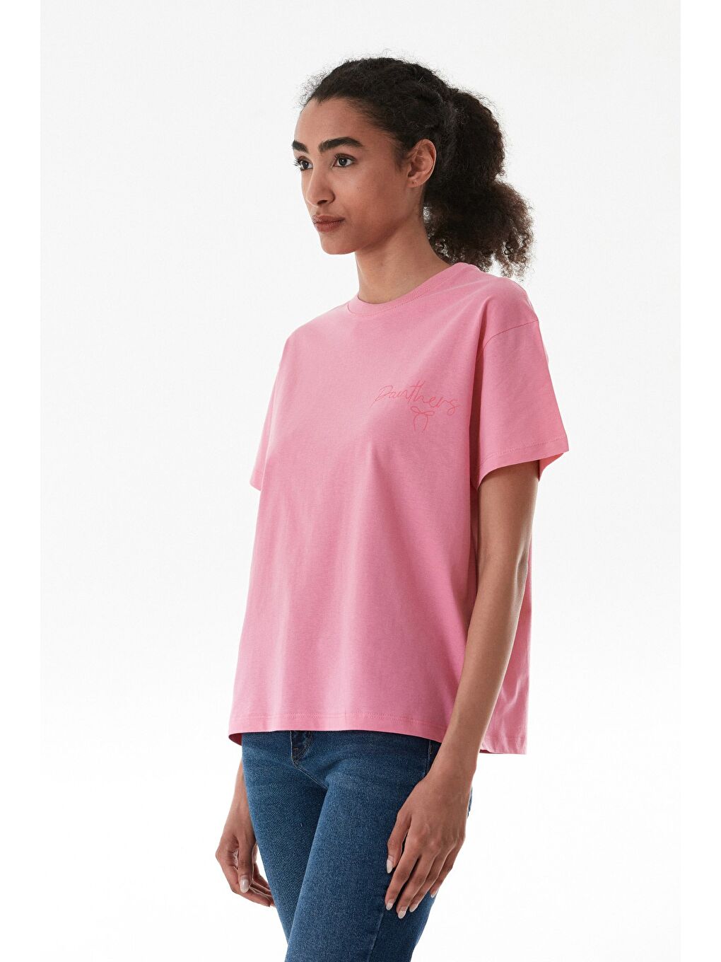 Pembe Önü Ve Arkası Baskılı Bisiklet Yaka Tişört-2