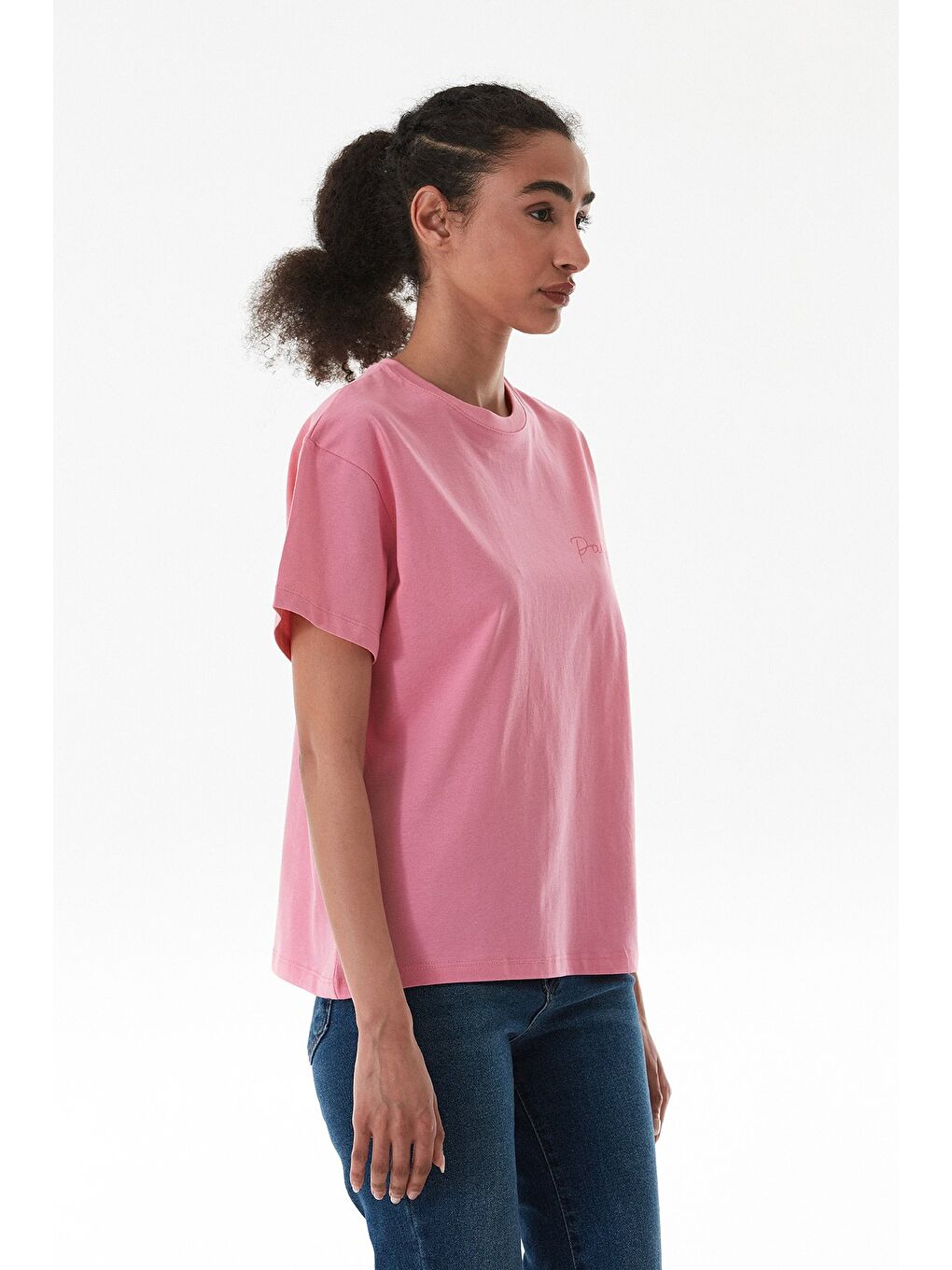 Pembe Önü Ve Arkası Baskılı Bisiklet Yaka Tişört-4