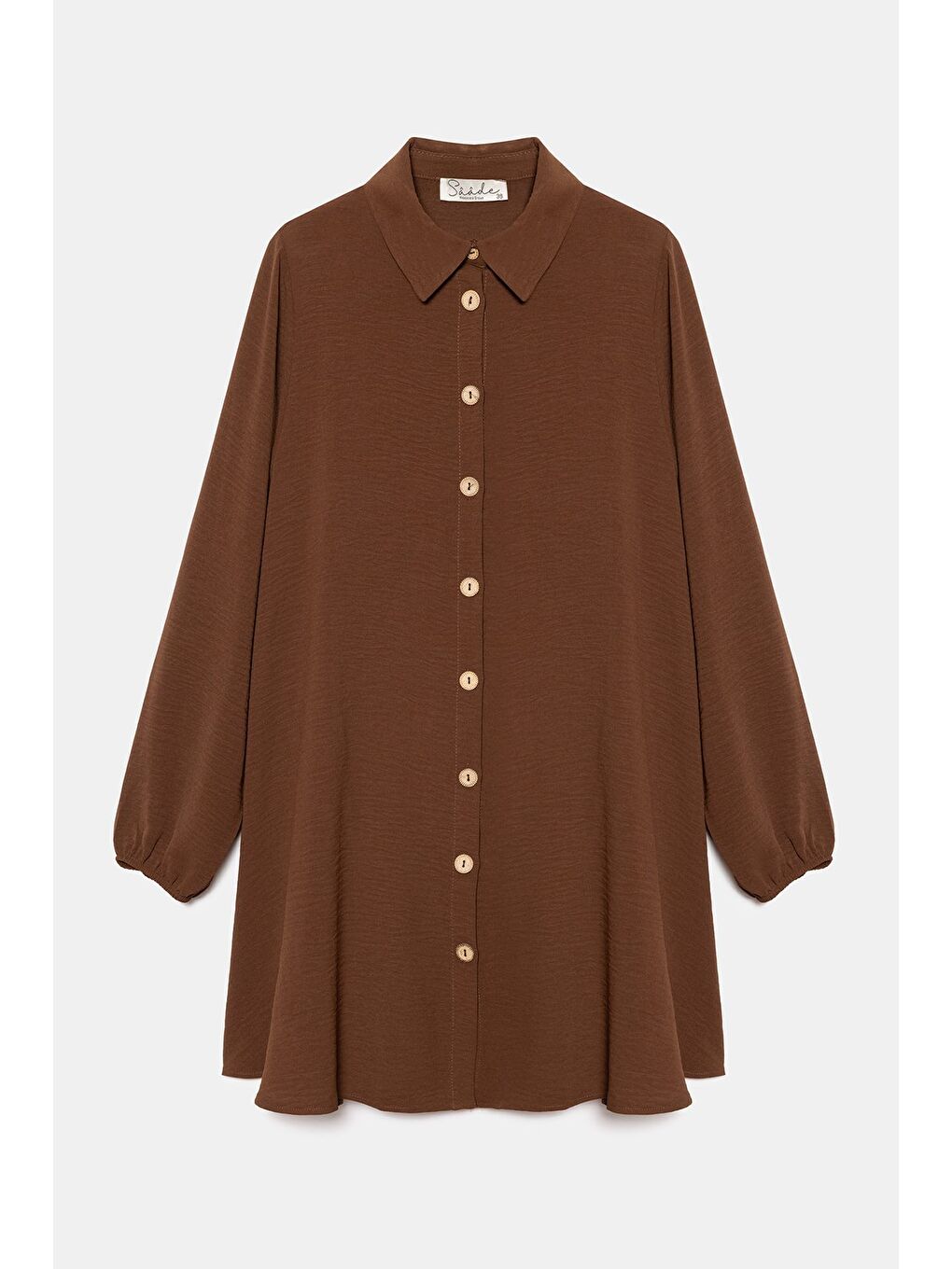 Kahverengi Kadın Gömlek Yaka Ahşap Düğmeli Kolağzı Lastikli Aerobin Dokuma Tunik - Regular Fit
