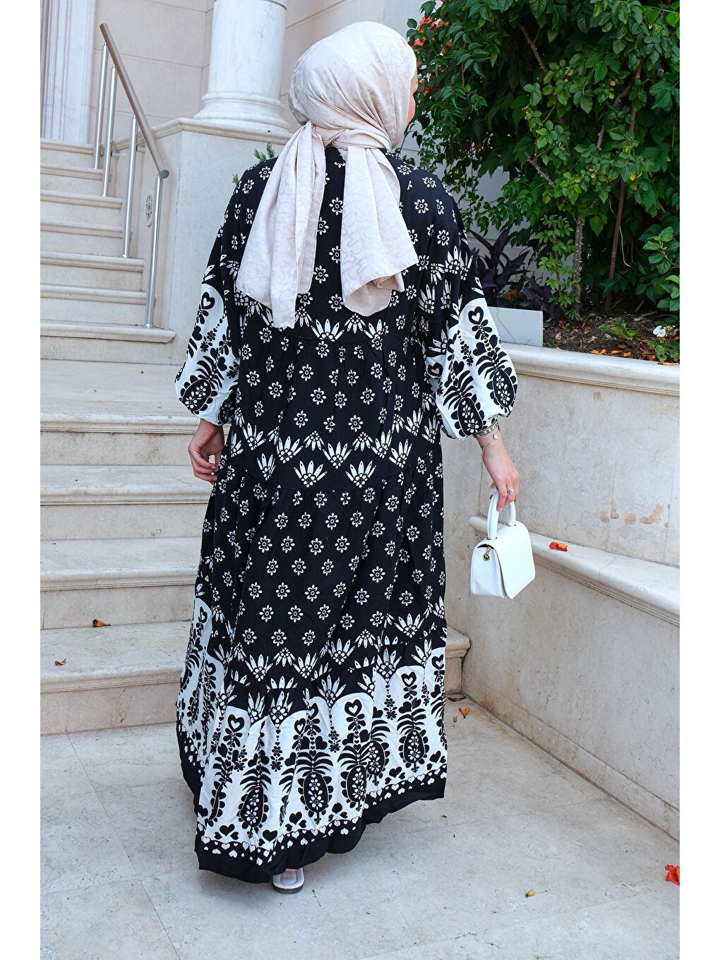 Simetrik Desen Elbise Siyah-3
