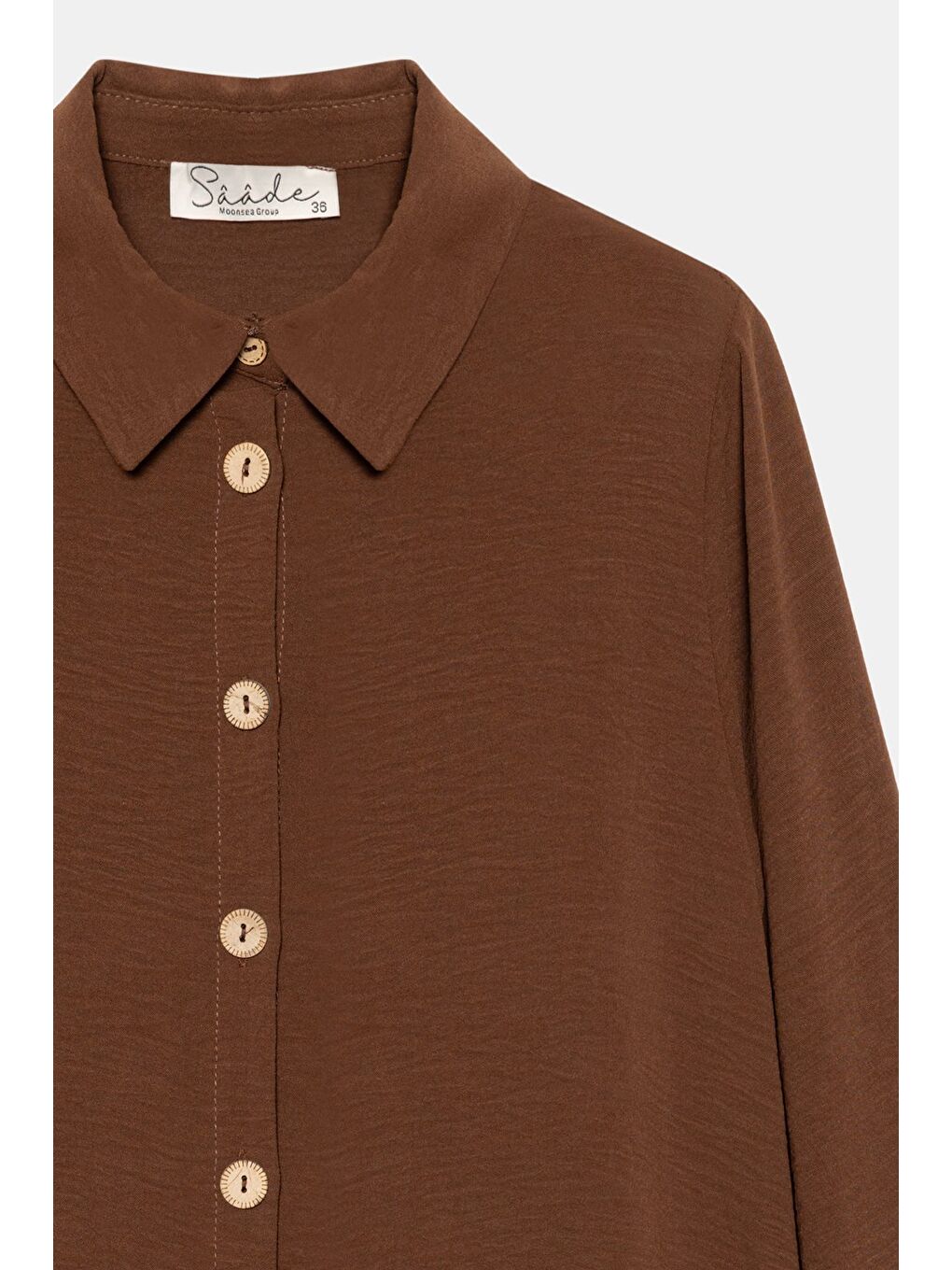Kahverengi Kadın Gömlek Yaka Ahşap Düğmeli Kolağzı Lastikli Aerobin Dokuma Tunik - Regular Fit-2