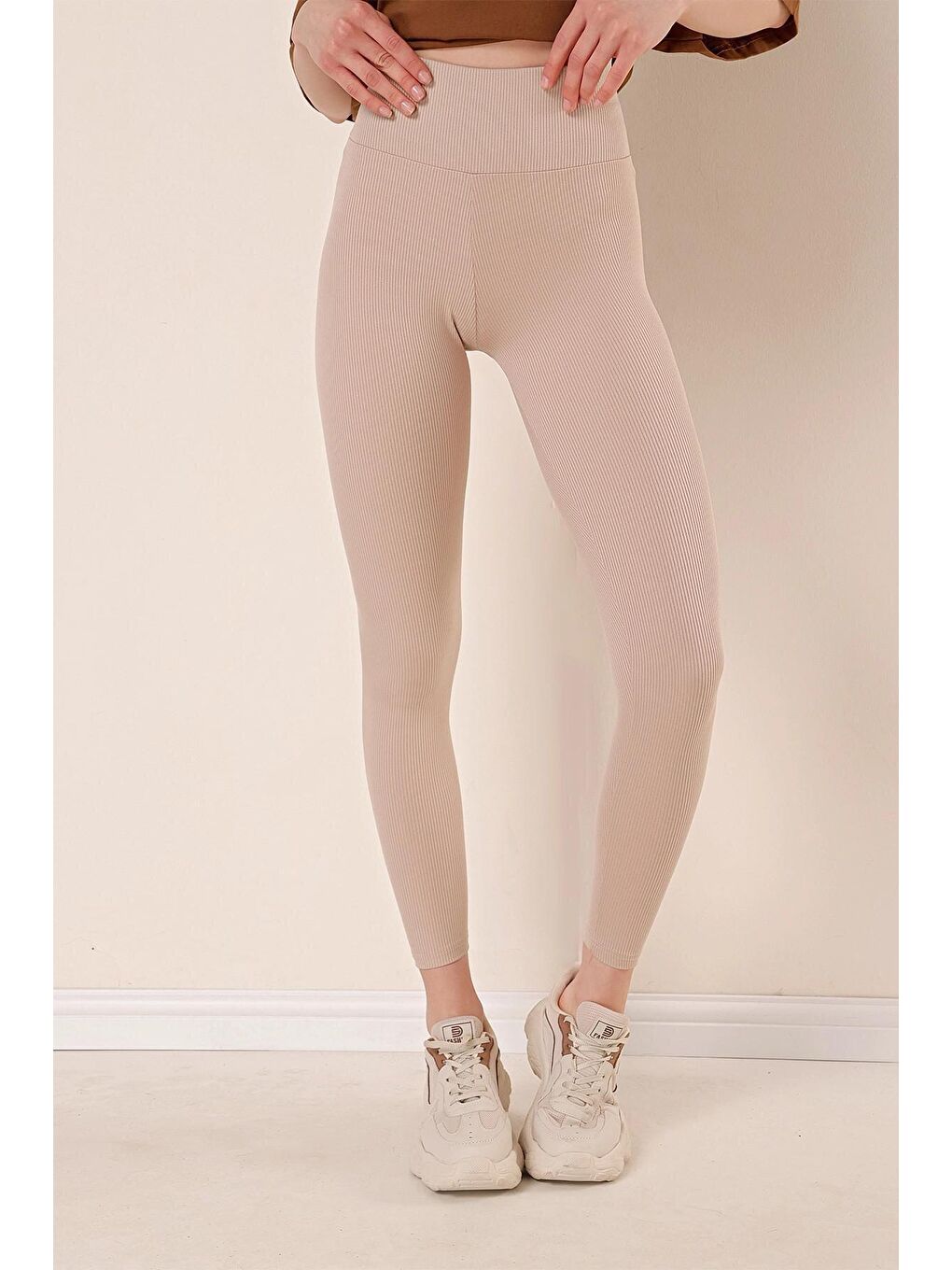 Bej Yüksek Bel Esnek Fitilli Tayt-3