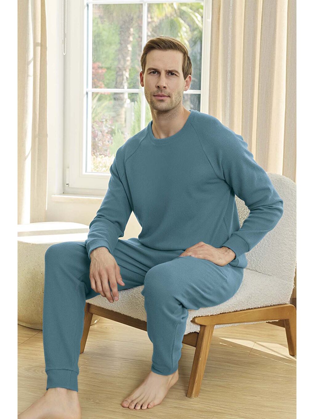 Erkek Waffle Uzun Kol Pijama Takımı 250647 Petrol01