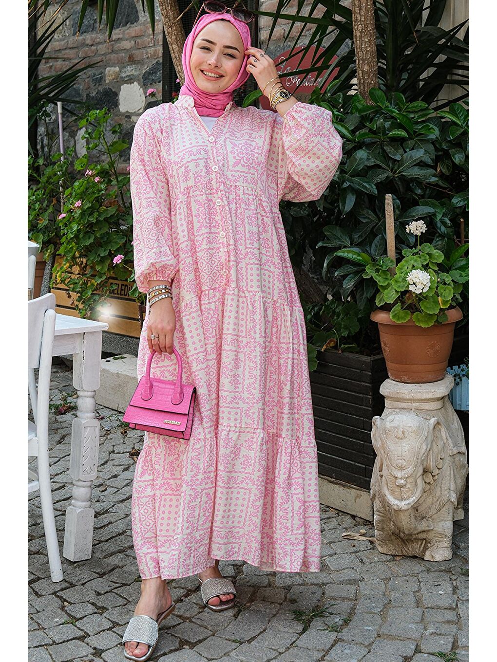 Locco Moda Pembe Çiçek Desen Elbise Pembe - 2